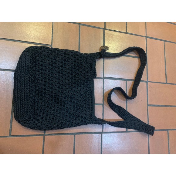 The Sak Crochet Black Handbag Crossbody Vintage Purse Shoulder Bag Zip Pockets - Picture 7 of 9
